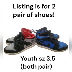 2 Pair NIKE Kids Air Jordan 1 Retro Mid Hyper Royal Blue, Black-Grey, Red SzY3.5